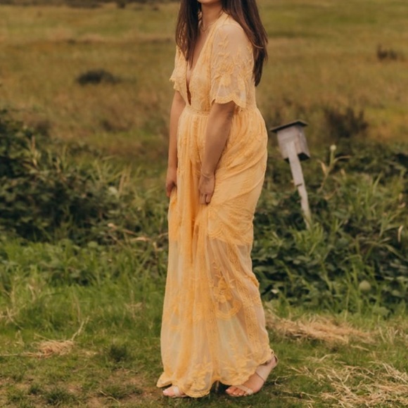 Mustard lace maxi open front deep V neck Bobo Bohemian dress - Picture 6 of 6